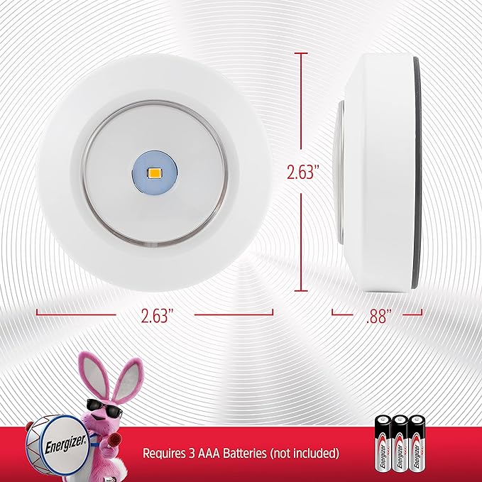 Energizer LED Puck Lights, 2 Pack, Battery Operated, Push Light, Wireless Lights, 50 Lumens, Tap Light, Stick On Lights, White, Perfect for Under Cabinet, Closets, Pantry, and More, 46009