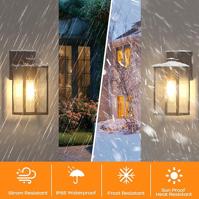 WIHTU 2Pack Outdoor Front Porch Light, Exterior Lighting Fixture Wall Mount | 10.65 inch, Anti-Rust Metal Frame, Tempered Glass, E26 Base, Waterproof, Wall Lantern for House, Patio, Garage, Entryway