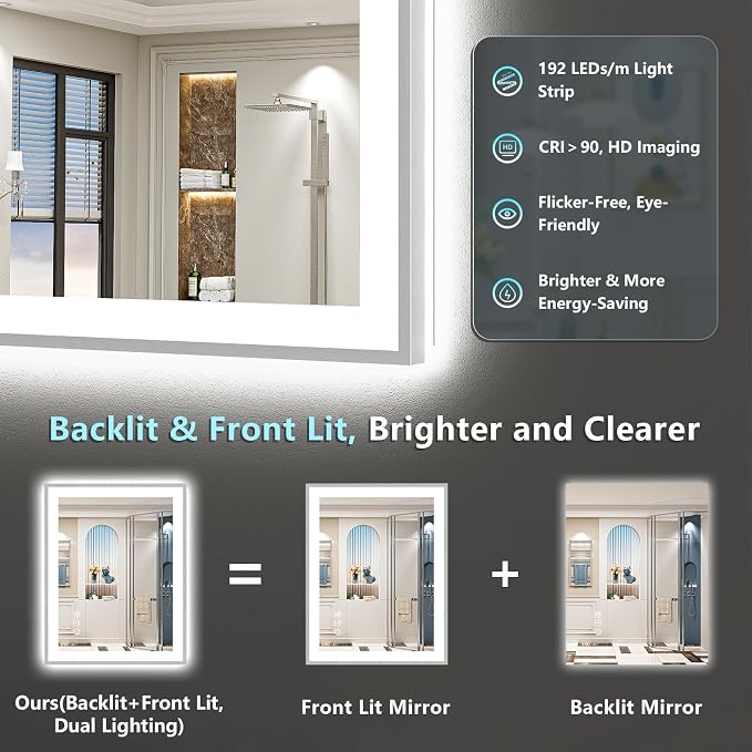 30x36 Inch Brushed Nickel LED Bathroom Mirror, Backlit & Front Lit | Silver Framed Anti-Fog Lighted Vanity Mirror with Lights, 3 Color Dimmable, Memory, HD Tempered Glass, CRI95, IP54, UL Listed