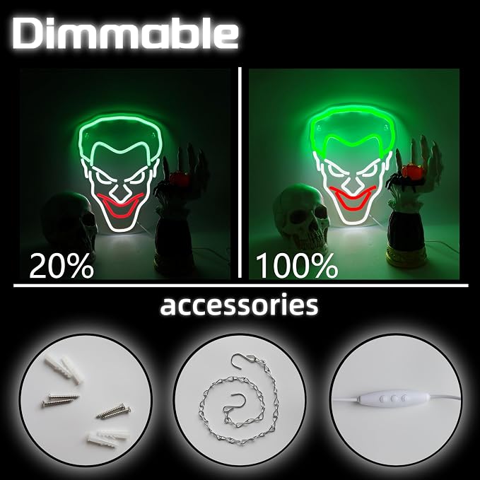 Joker Neon Sign USB Powered for Room Decor, LED Neon Light Sign Dimmable for Wall Art, Anime Neon Sign for Kids Bedroom Man Cave Birthday Gift 14 * 10.4 Inches