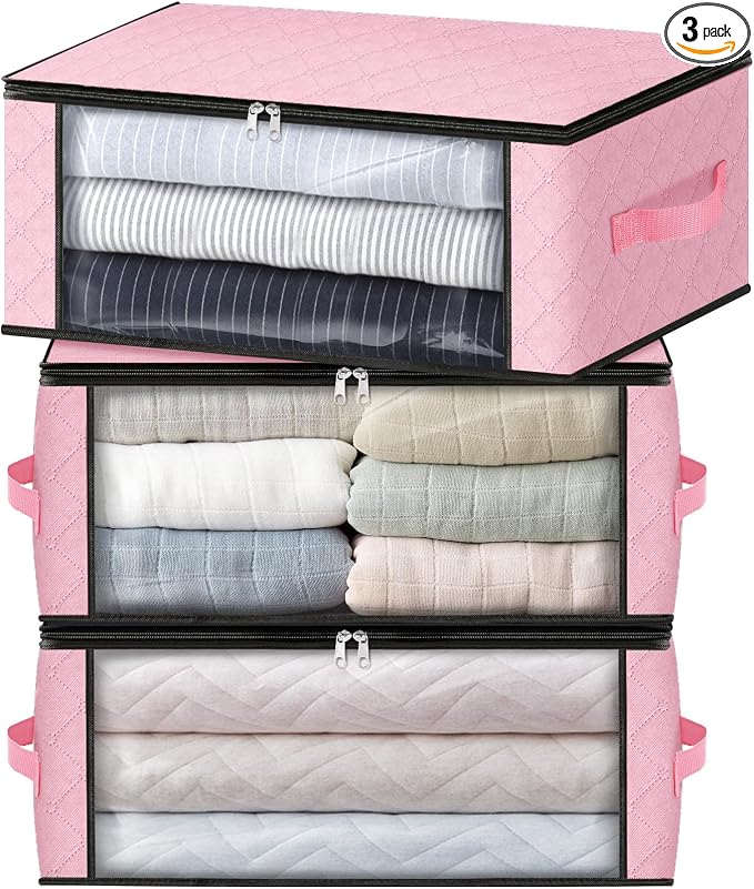 HomeHacks 3-Pack Clothes Organizer Storage Bags, 35L Storage Bins, Pink | Foldable Storage Box Container with Zippers, Clear Window, Reinforced Handles for Closet, Dorm, Pillows, Bedding, Sweater
