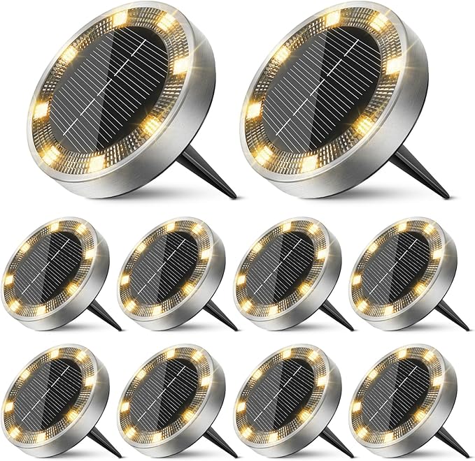 10 Pack Solar Ground Lights Outdoor, 8 LED Mini Flat Solar Disc Lights, IP65 Waterproof Pathway Lights Solar Powered, Landscape Lighting for Garden Walkway Driveway Yard Lawn,Warm White