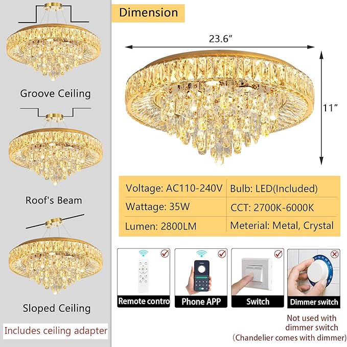 23.6" Modern Crystal Chandeliers LED Dimmable Flush Mount Ceiling Chandeliers for Living Room Entrance Foyer Bedroom Gold