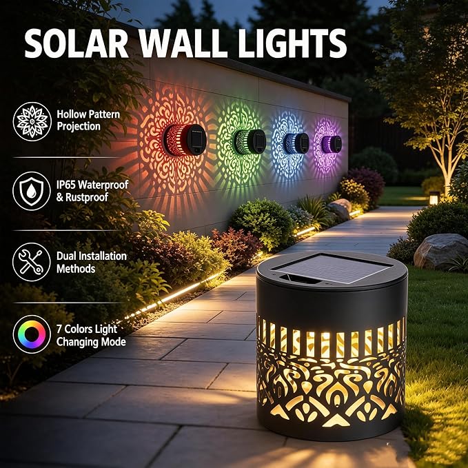 Solar Mandala Outdoor Wall Lights, 4 Pack 7 Color Changing Metal Fence Lanterns, Waterproof Solar Powered Deck Step Stair Lights for Garden Patio Yard Landscape Decor