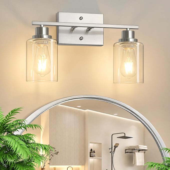 Ascher 2 Light Bathroom Light Fixture, Brushed Nickel Bathroom Lighting Fixtures Over Mirror, Vanity Light with Clear Glass Shade, Wall Sconce for Living Room Bedroom Cabinet, E26 Base