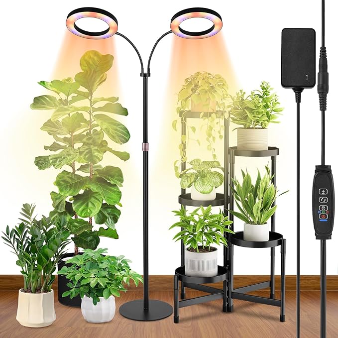 Grow Lights for Indoor Plants, 2-Head Plant Lamp & Height Adjustable, Black | Full Spectrum Floor Stand Plant Light for Large Tall Plants, 3/9/12H Timer, 10 Dimming, Modern Ring Grow Lamp for Home Décor