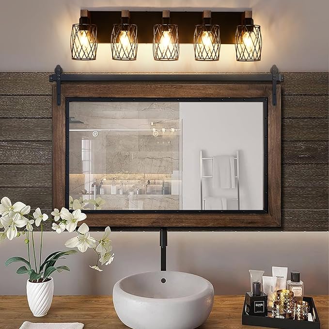 5-Light Farmhouse Bathroom Vanity Light, Wood Bathroom Lighting Fixtures Over Mirror, Black Vanity Light Fixtures with Cage Metal Shade, Rustic Bathroom Light with E26 Base