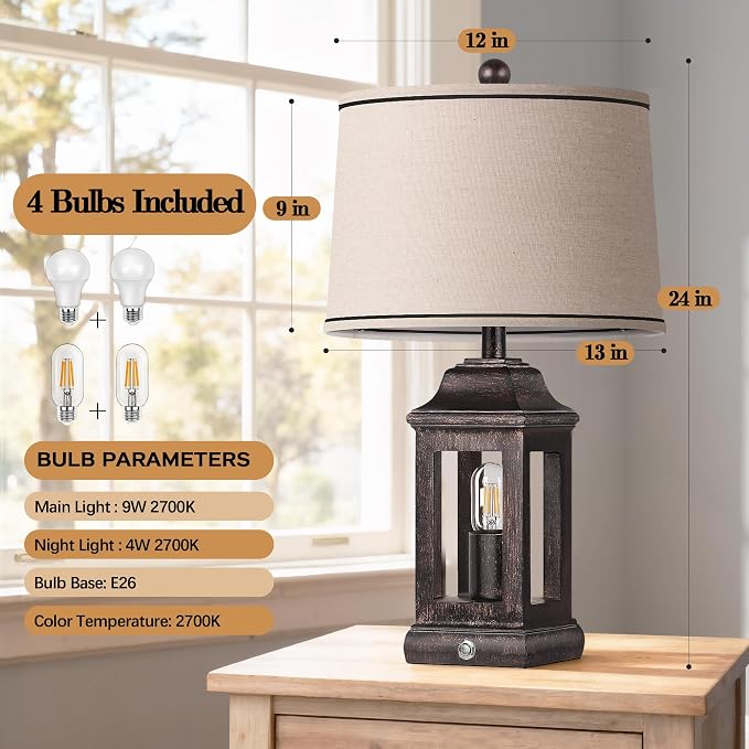 24" Rustic Farmhouse Table Lamps for Living Room, Single Pack Touch Dimmable Nightlight Vintage Bedside Lamps with USB A+C Ports & Dual Light Sources for Bedroom Nightstand End Table, Antique Black