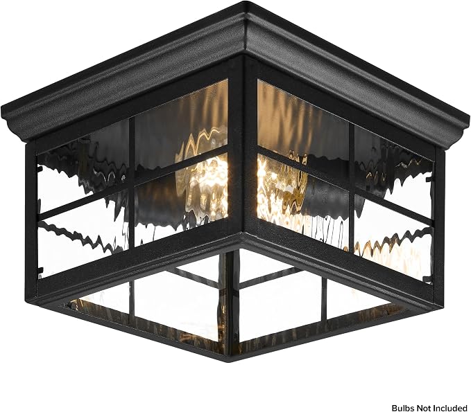 Maxxima Outdoor Flush Mount Ceiling Light Fixture, Black with Water Glass | Square Farmhouse Porch or Patio Light, Close to Ceiling Entryway, Bulbs Not Included, 2-Light, E26