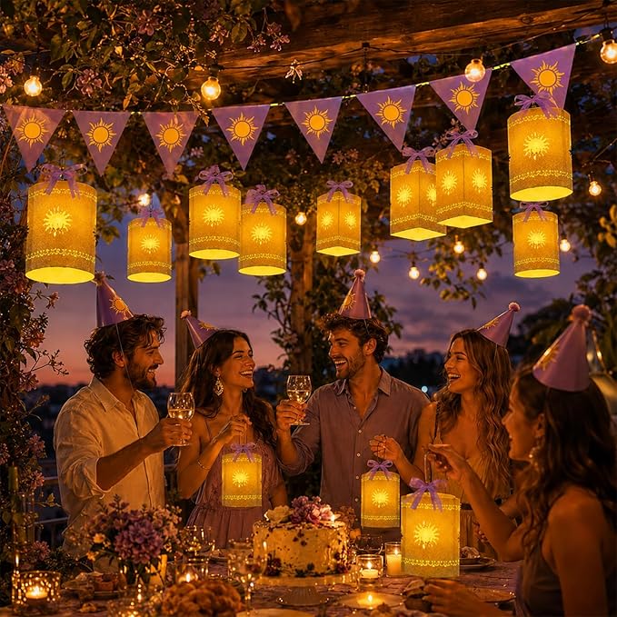 30 Pack Purple Princess Sun Hanging Paper Lanterns DIY Set 2 Pcs Purple Sun Flag Hanging Banner Square Round Cutout Decor for Birthday Wedding Party Decor (Light String Not Included)