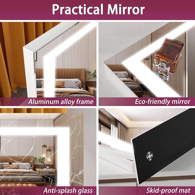 Hasipu Vanity Mirror with Lights, 24.2" x 19.7" LED Makeup Mirror, Light up Mirror with 10X Magnification, Smart Touch 3 Colors Dimmable, Brightness Adjustment, 360° Rotation (Right Angle White)