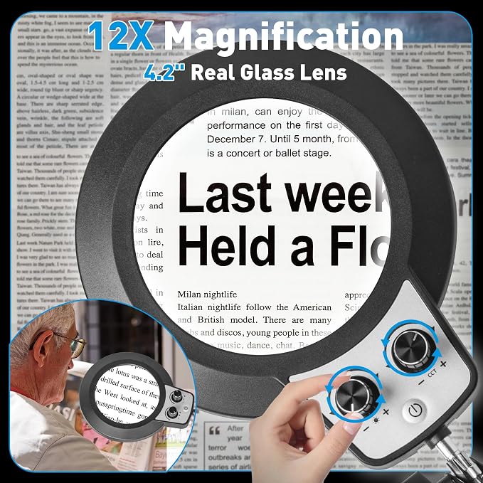 KIRKAS 12X Magnifying Glass with Light and Stand, Overhead Knob 2 in 1 | Lighted Magnifier Lamp for Workbench, Craft, Sewing, Repair, Real Glass Lens Stepless Dimming and Color (11.8IN Base & Clamp)