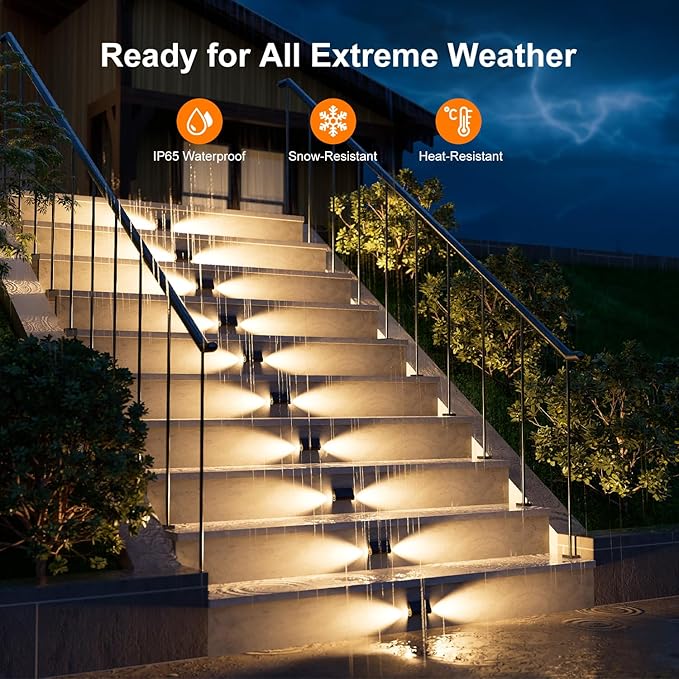8 Pack Solar Powered Step Lights Outdoor Waterproof LED for Outside Deck Stair Safety Decorative Lamps for Porch, Wall, Fence, Walkway, Yard, Patio, Dual Sided Glow for Enhanced Security Warm White