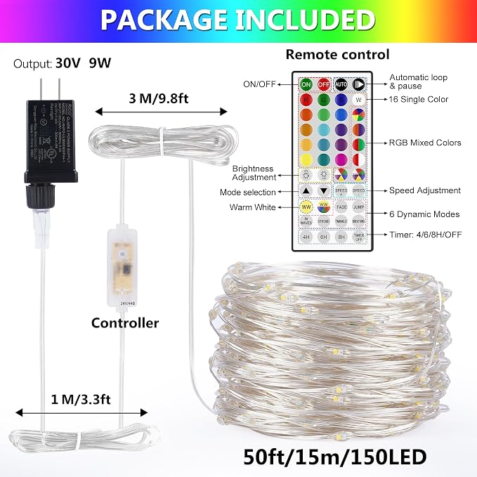 50FT 150 LED Fairy Lights Plug in, 30V 24 RGB Colors+Warm White Color Changing Twinkle Lights, 150 Lighting Modes Timer with Remote for Bedroom Trees Garden Party Wedding DIY Décor