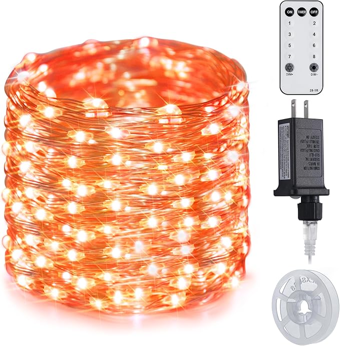 JMEXSUSS 200 LED Orange Fairy Lights Plug in | 8 Modes Orange Halloween Lights Indoor with Wheel, 66 ft Remote Control Thanksgiving Light for Thanksgiving Party Gift