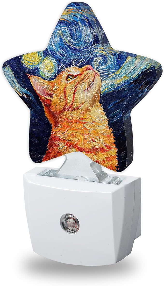 Cat Starry Night Night Lights Plug Into Wall Decorative,Oil Painting Nightlight with Dusk Sensor for Bathroom,Kitchen,Entryway,Room Accent,Gifts