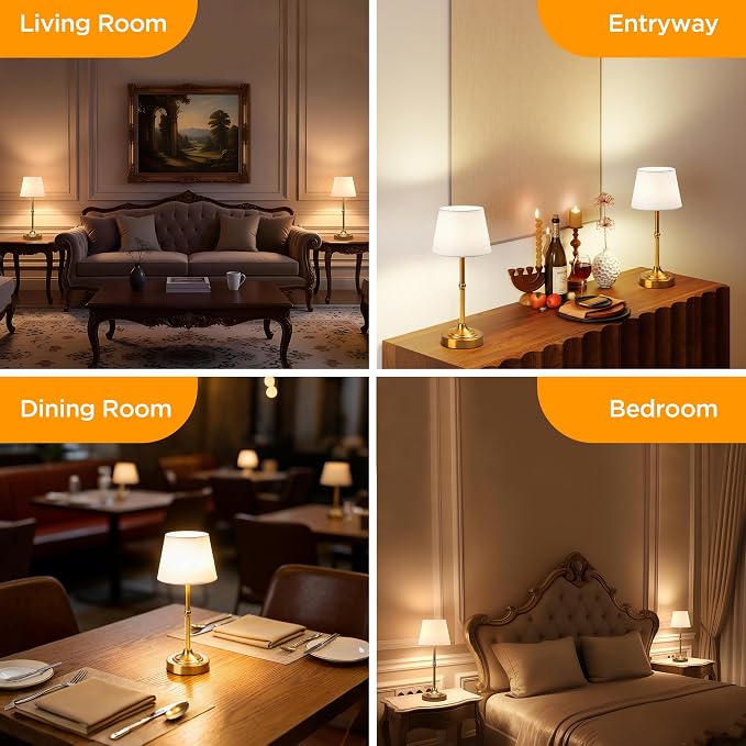 LUTEC 2 Pack Cordless Table Lamp, Battery Operated Lamp with 3 Color Temps and Stepless Dimming, 5200mAh Portable Rechargeable Table Lamp for Restaurant/Bedroom/Bars/Outdoor (Brushed Gold)