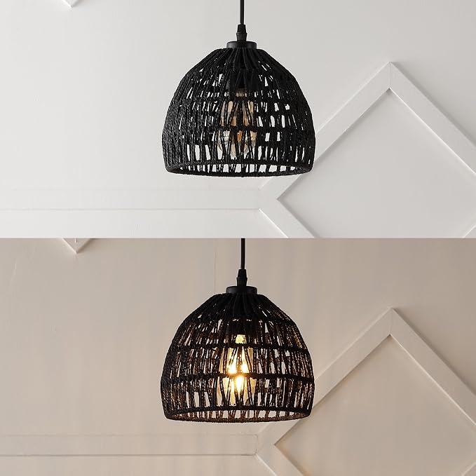 JONATHAN Y Campana 1-Light Pendant Dome Ceiling Lamp, 8.25", Black | Modern Coastal Farmhouse Decor, Adjustable Height, Woven Rope Metal Frame, LED Bulb Included, UL Listed