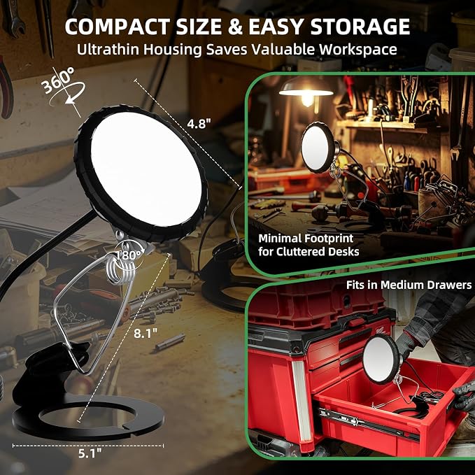 800 Lumen LED Clamp Light with Magnetic Base, 4-in-1 Versatile Portable Work Light, 360° Swivel Heat-Free Clip on Lamp, 5000K Daylight Eye-Care Workbench Light for Garage, Workshop, ETL Listed