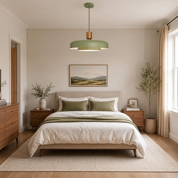 Mid Century Green Pendant Light: 20" 2-Tiered Lighting Over Kitchen Island | Wood Brushed Brass Hanging Ceiling Light, Modern Nordic Metal Pendant Light, For Dining Room Sink Bedroom Hallway Entryway