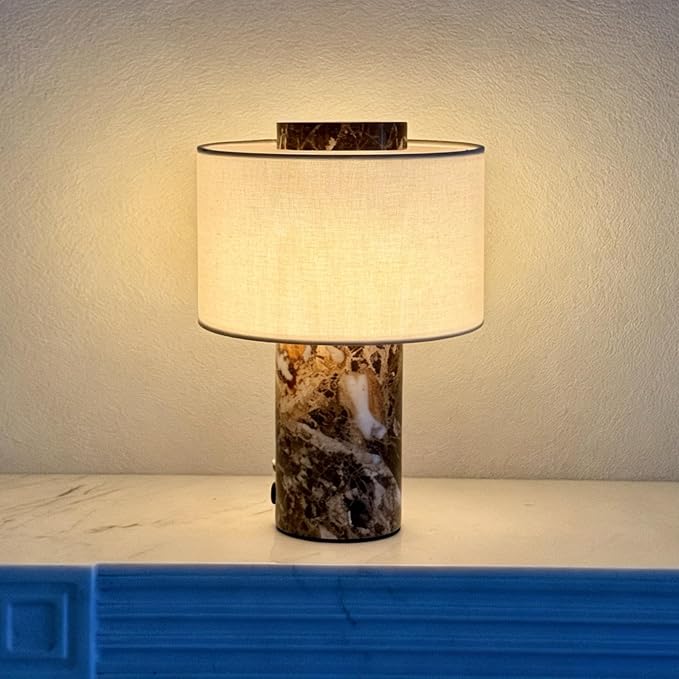 Marble Lamp, Stone Table Lamps Collection - Modern Cylindrical Lampshade Cordless Luxury Design Bedside Brown Lamp for Home Decor, Bedroom, Living Room & Office (Rechargeable Emperador Dark Lamp)
