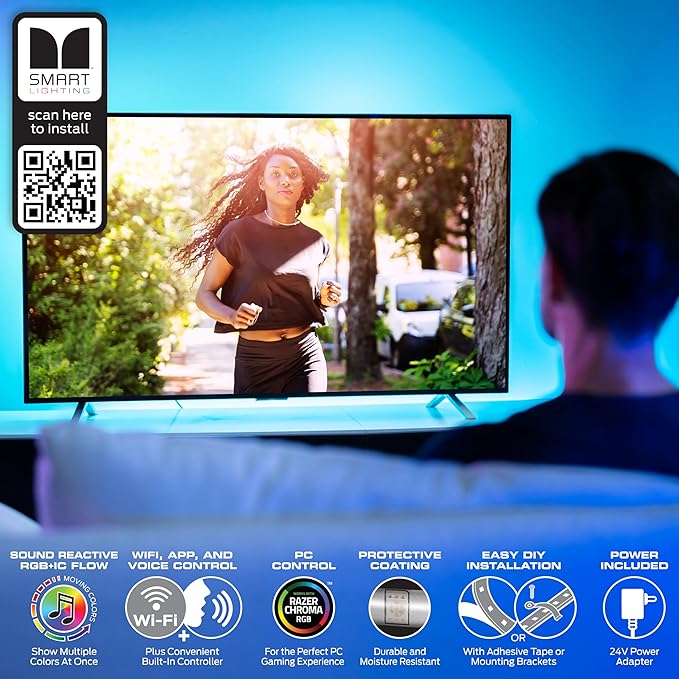 Monster Smart RGB+IC LED Strip Lights – Sound Reactive Strip Lights for Bedroom, App & Voice Control, RGB Light Strip for Room, Alexa Google Home, Razer Chroma Sync (150ft)