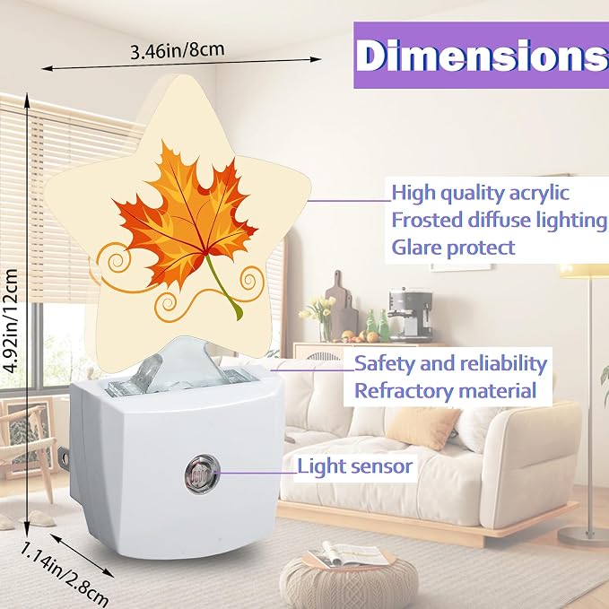 Energy Efficient Nightlights Plug in Wall, Fall Leaf Night Light for Kids Bedroom Decorative, Orange Maple Leaf Dusk-to-Dawn Sensor Sleep Friendly Lamp for Nursery Bathroom Basement