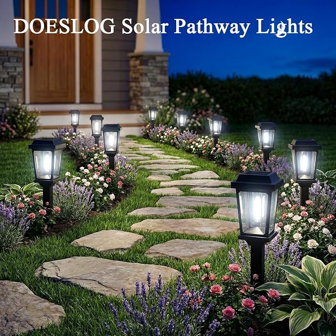 Solar Pathway Lights Outdoor Waterproof 10 Pack LED Garden Lights | Solar Powered Pathway Lights Waterproof Auto On/Off Bright Cool White Outdoor Solar Lights for Yard Path Walkway Driveway