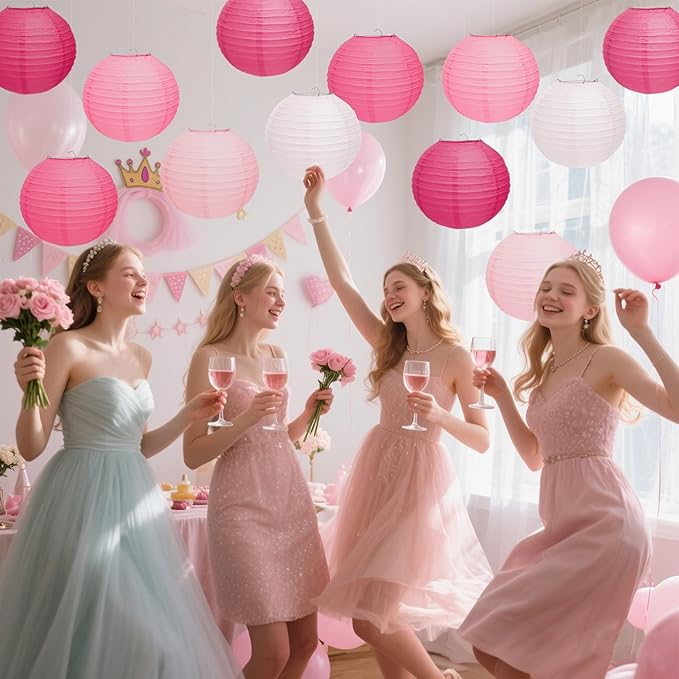 12 Pcs Pink Paper Lanterns 10" Hanging Valentines Paper Lanterns Pink Party Decorations for Valentine's Day Party Decorations Wedding Birthday Engagement Bridal Showers Galentines Day Decor