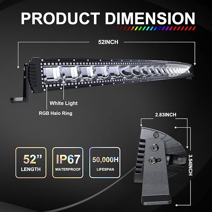 Lpteso RGBW 52Inch 300W Curved LED Light Bar with RGB Halo Ring Chasing Light, 16 Solid Colors, Over 92 Strobe Flashing Modes, IP67 Waterproof, Adjustable Mounting Bracket