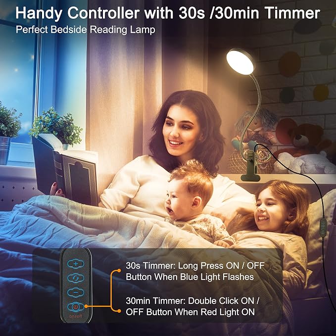LiFMIRA Clip on Lamp, 8W 66 LED Bed Light for Reading, 5 Color Modes, 10 Brightness Levels, Eye Care, Flexible Gooseneck, Metal Clamp, USB Powered, Modern Design, Black | 5 Color Modes, 10 Brightness Levels, Eye Care Clip on Light, Flexible Gooseneck, ...