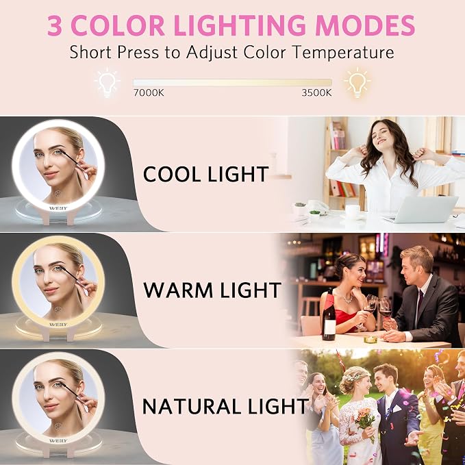 WEILY Magnifying Makeup Mirror 10X/1X, Travel Mirror with Light | Double Sided Rechargeable Mirror with 3 Color Lights for Makeup, Tweezing, Blackhead and Come Done Removal (Pink)