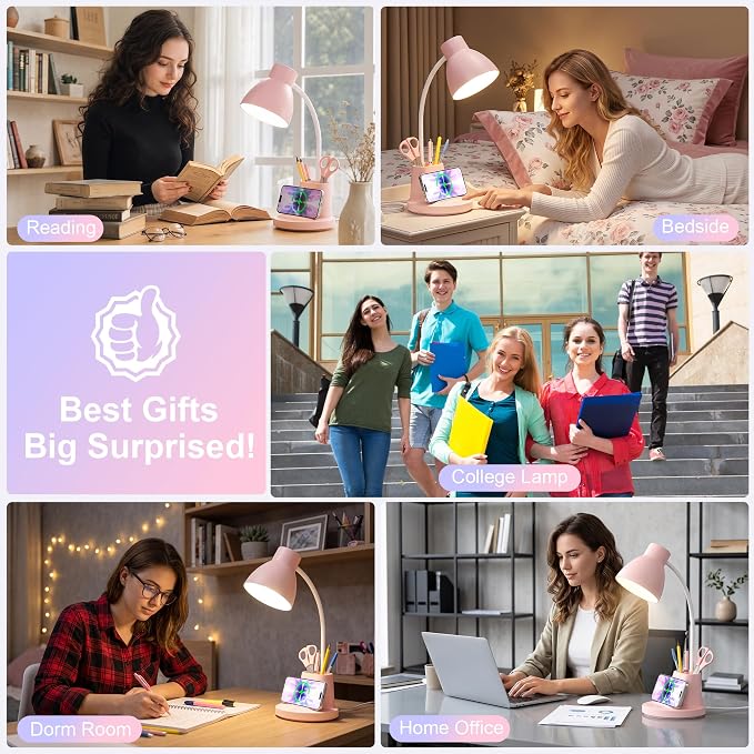 10W Wireless Charging LED Desk Lamp with Pen Holder, CRI 95, Pink | 800LM, 3 Modes, 360°Flexible Arm, Touch, Brightness, Table Lamp for Home Office, Dorm, Bedside, Study, Reading, with Adapter