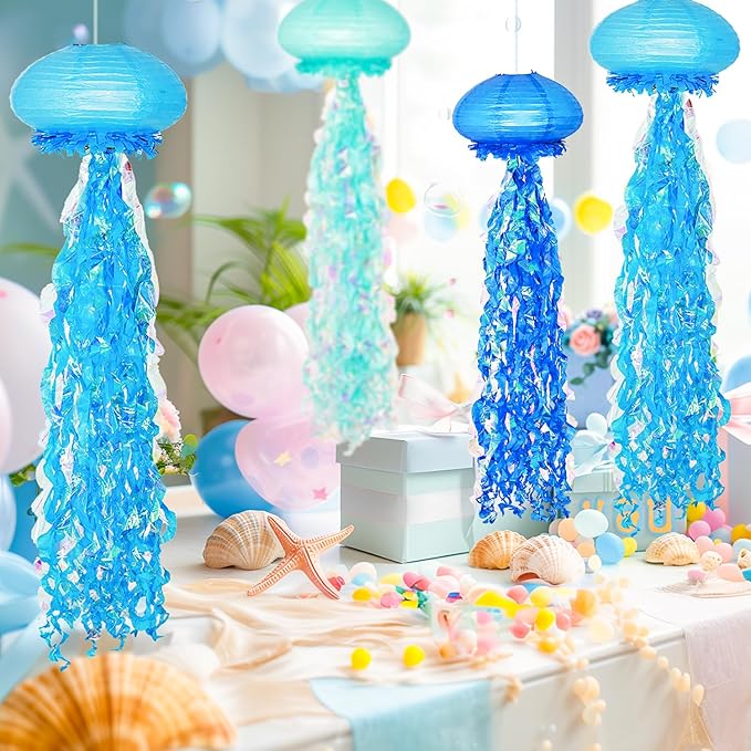 10" Blue Jellyfish Paper Lanterns - Under the Sea Birthday & Mermaid Party Decorations, Ocean and Beach Theme Indoor Outdoor Hanging Decor, Baby Shower, Nautical Events (Set of 6)
