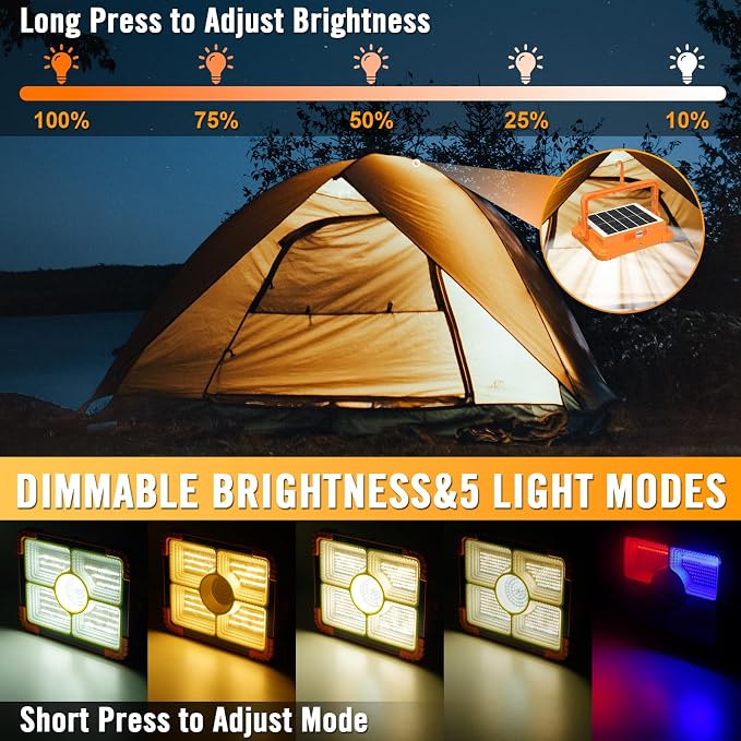 100W LED Solar Work Light, 466 LED 10000LM Magnetic Worklight with 5 Modes, 12000mAh Battary Rechargeable, IP66 Waterproof Portable Solar Outdoor Working Light for Emergency, Repair, Camping