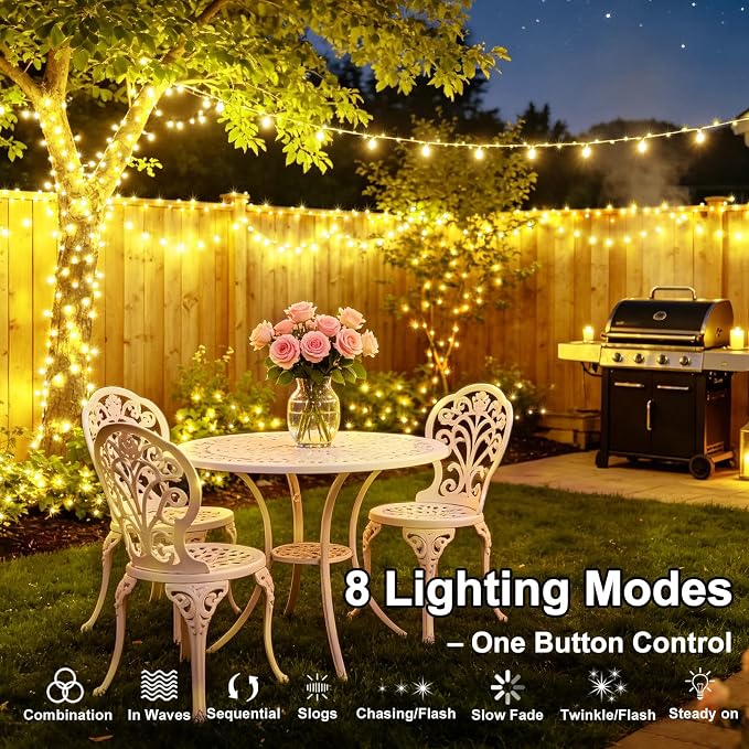 KNONEW 203FT 600 LED Solar String Lights Outdoor, Extra Long Solar Fairy Lights with 8 Modes, IP44 Waterproof Copper Wire Lights for Garden Patio Yard Christmas Decor, Warm White