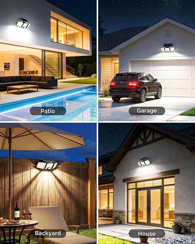 Brightown 4 Pack Solar Flood Outdoor Lights with Motion Sensor 3 Modes | 2500LM 223 LED Solar Outdoor Lights, 3 Head 270° Wide Angle Street Area IP65 Waterproof Security Wall Lights with Remote