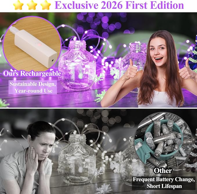 16FT(5M) Purple Fairy Lights, Rechargeable Battery Operated String Lights with Timer, 8 Modes Waterproof Mini LED Twinkle Lights for Bedroom Christmas Wedding Vine Centerpiece Table Decor