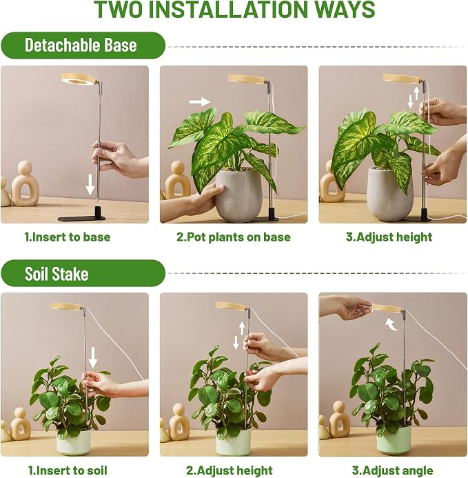 LBW Grow Lights for Indoor Plants, Full Spectrum Halo Grow Light with Base | 48 LEDs Bamboo Grain For Small Plant, Base/Soil Stake, 7.8-26" Adjustable, 6/8/12/16H Timer, 3 Color, 5 Brightness, 2 Packs