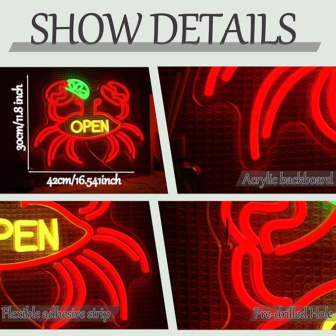 Crab Open Neon Sign for Business Decor Striking Seafood Open Neon Light Dimmable Crab Led Light Sign for Seafood Restaurant Market Food Shop Aquarium Fish Shop
