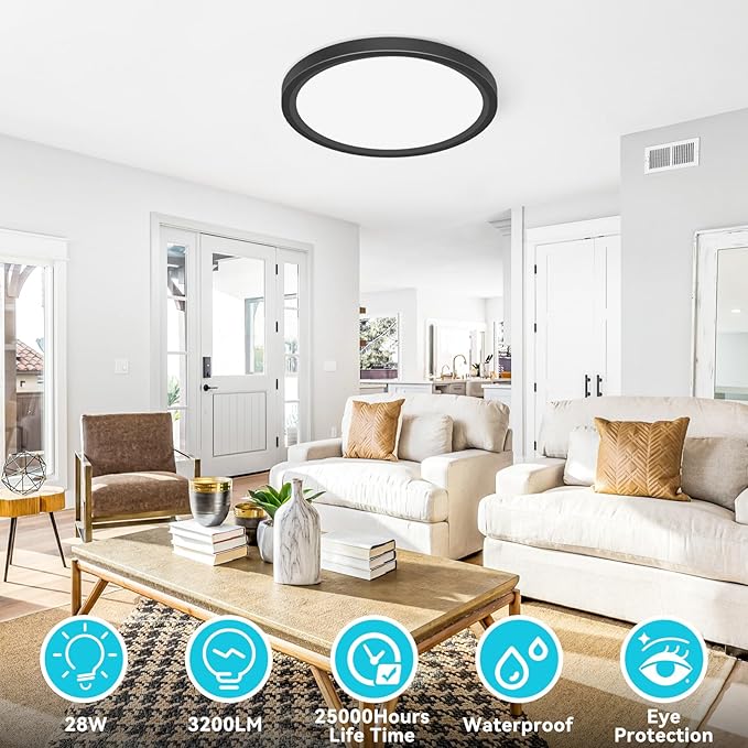 libtit 12 inch Flush Mount LED Ceiling Light Fixture, 3000K 4000K 6500K Adjustable, 28W 3200lm Black Round Lighting Fixtures for Bathroom Shower Hallway Kitchen, 6 Pack