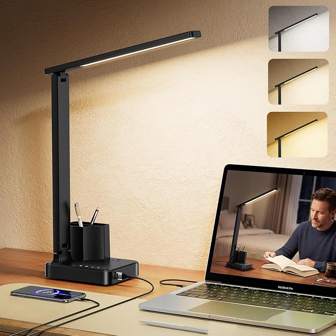 cozoo LED Desk Lamps for Home Office, Modern Dimmable Eye Caring Desk Light with USB Charging Ports AC Outlet, Pen Holder,Touch/Memory/Timer, Kids Small Table Lamp for Reading, Bedroom, Study, Craft