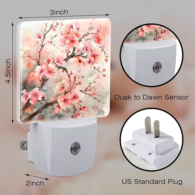 Cherry Blossom Tree Night Light Plug into Wall,Pink Watercolor Cherry Blossom Flowers Dusk to Dawn Night Light Plug in,0.5w Energy Saving NightLight for Kids Boys Girls Home Decor