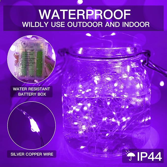Hallowee Fairy Lights Battery Operated, 33ft 100 LED Fairy Lights with Remote, Purple String Lights for Outside, Porch, Home, Backyard, Window, Yard, Garland, Party Decorations