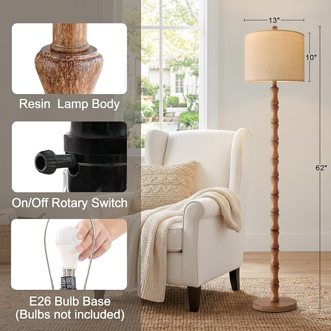 62" Farmhouse Floor Lamp for Living Room, Rustic Standing Lamp with Linen Shade and Rotary Switch, Resin Corner Floor Lamp for Bedroom, Dining Room, Office, Home Decor, Wood Grain