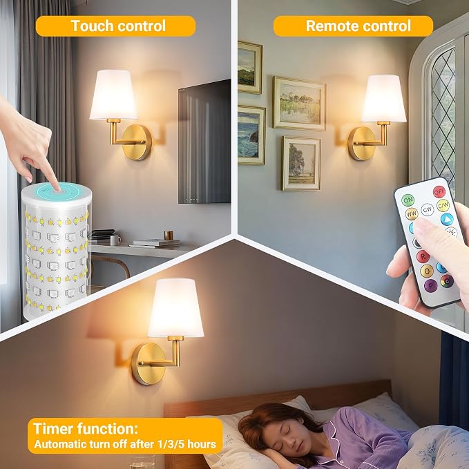 Vimhou Peel and Stick Wall Sconces, Stick On Wall Sconce Set of 2, Battery Operated Wireless Wall Light, No Drill Adhesive Wall Lamp, Corn Bulb with 10000mAh Rechargeable Battery, Bedroom Wall Decor