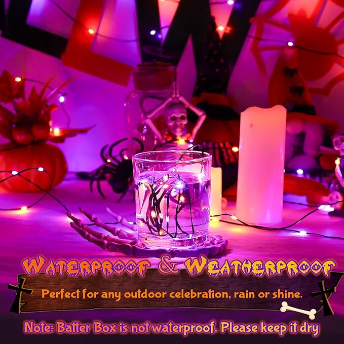 Orange and Purple Fairy Lights Battry Operated with Timer, Halloween String Lights for Outside 16.4ft 50LED Indoor Outdoor Halloween Decorations Garland Party Patio Garden Yard 2 Packs