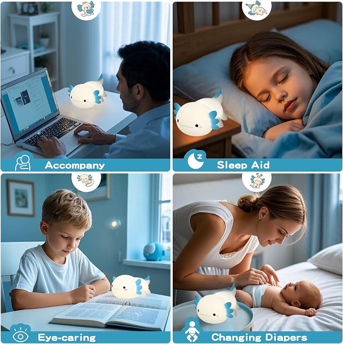 FAMIDUO Axolotl Night Light,Squishy Silicone Bedside Touch Lamp for Kids | Food Grade Silicone Nursery Light,Rechargeable/Dimmable/20Min Timer Axolotl Lamp,Baby Room Decor, Cute Gifts for Boys/Toddler