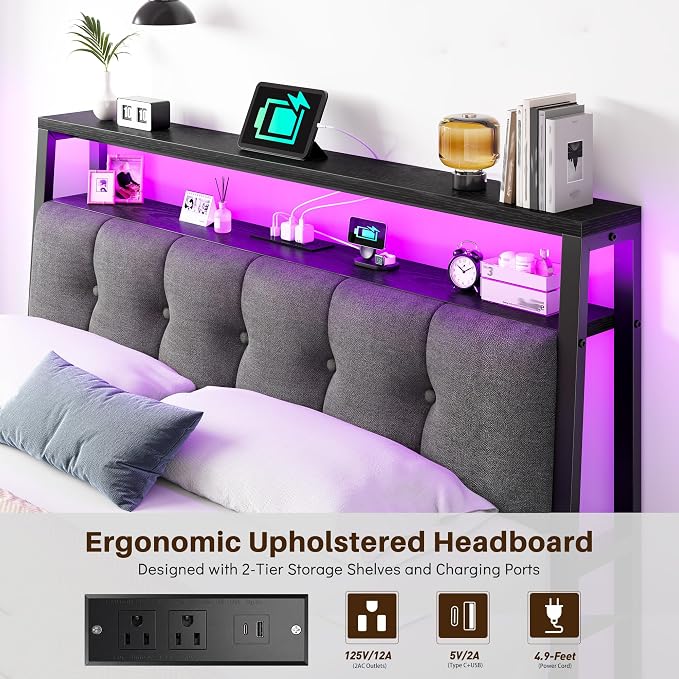 Homkdom Full Bed Frame,Upholstered Storage Headboard,Charging Station,Black | LED Lights, 12" Under-Bed Storage, 2 Three-prong Outlet&2 USB, Noise-Free, Quick Assembly, Supports up to 900 lbs