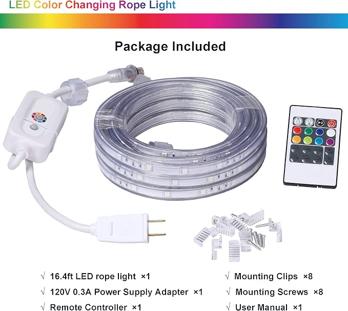 33ft RGB Rope Light Remote ETL Waterproof | 8 colors + multiple modes. Connectable up to 12 strips. 50,000hr lifespan. Indoor/outdoor for home, patio, Christmas.
